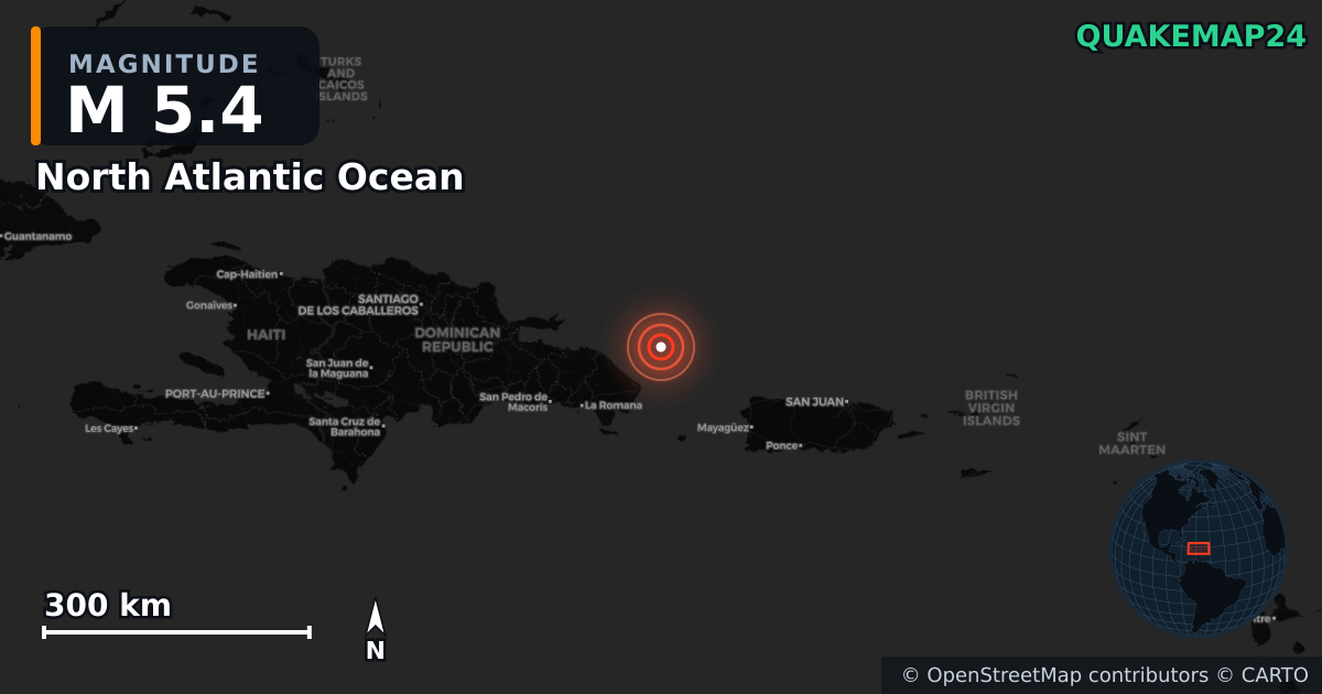 M5.4 earthquake near North Atlantic Ocean on Jun 24, 2025 — map of epicenter and shaking intensity | QuakeMap24