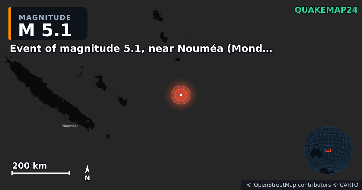 M5.1 earthquake near Event of magnitude 5.1, near Nouméa (Monde) on Jun 8, 2026 — map of epicenter and shaking intensity | QuakeMap24