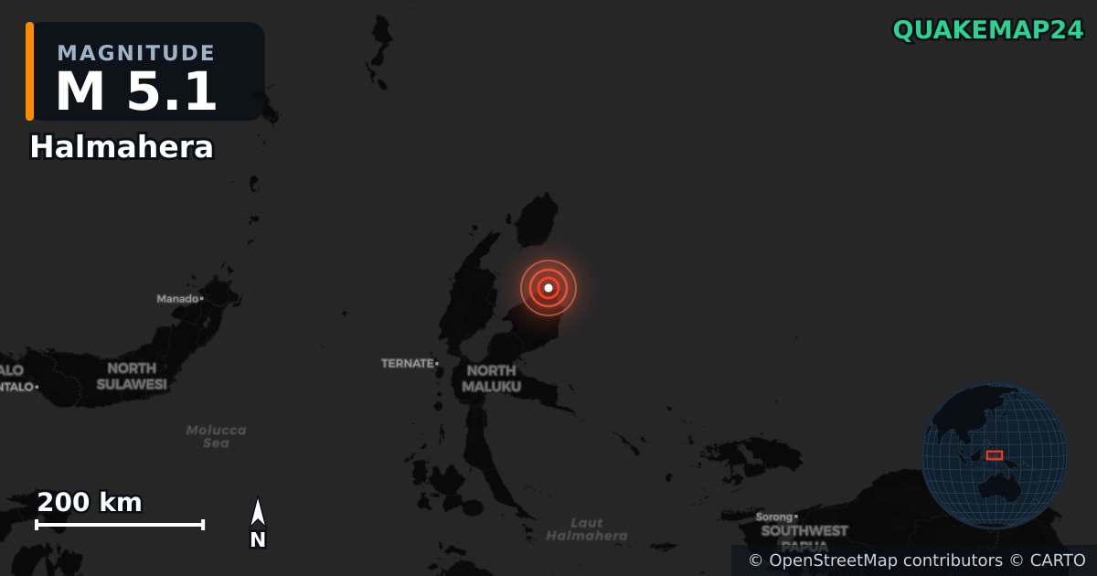 M5.1 earthquake near Halmahera on Mar 6, 2026 — map of epicenter and shaking intensity | QuakeMap24