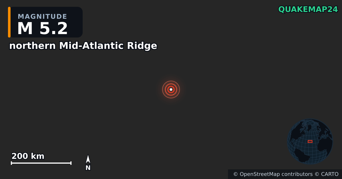 northern Mid-Atlantic Ridge yakınında M5,2 deprem — Deprem merkez üssünün konumunu gösteren harita