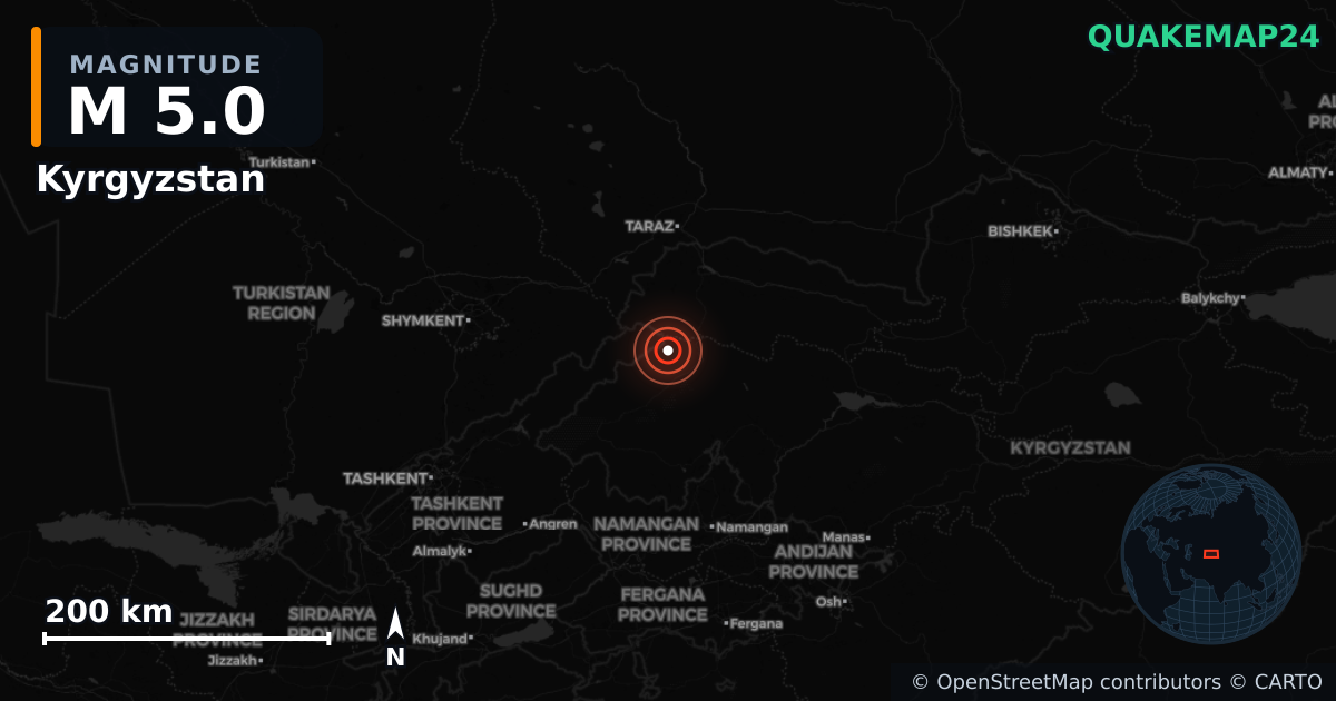 M5.0 earthquake near Kyrgyzstan on Oct 5, 2025 — map of epicenter and shaking intensity | QuakeMap24