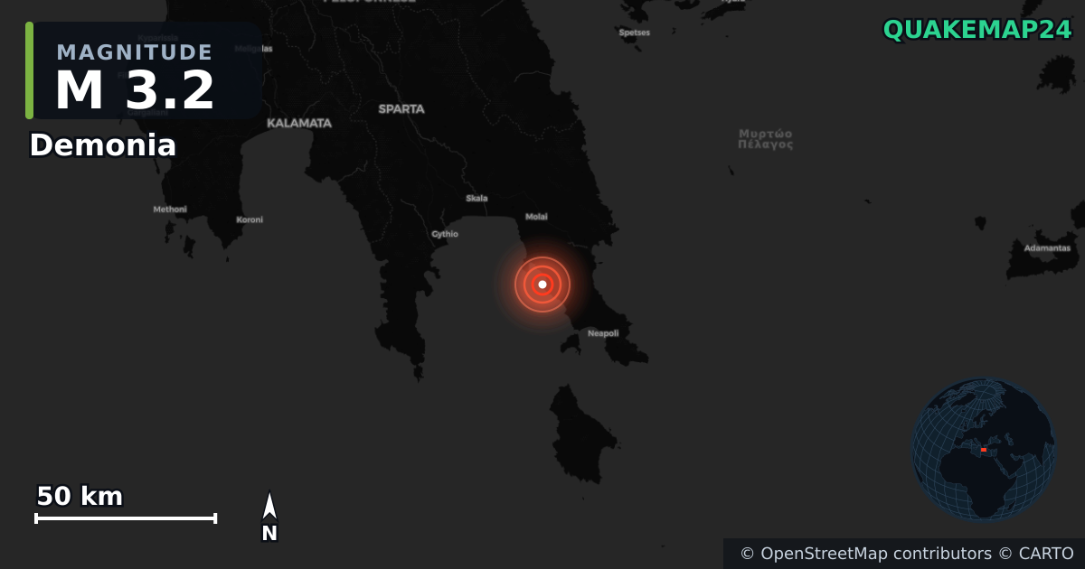 Sismo de M3,2 perto de Demonia, Peloponnese Region (Grécia) · 2026-10-14 — Mapa da localização do epicentro