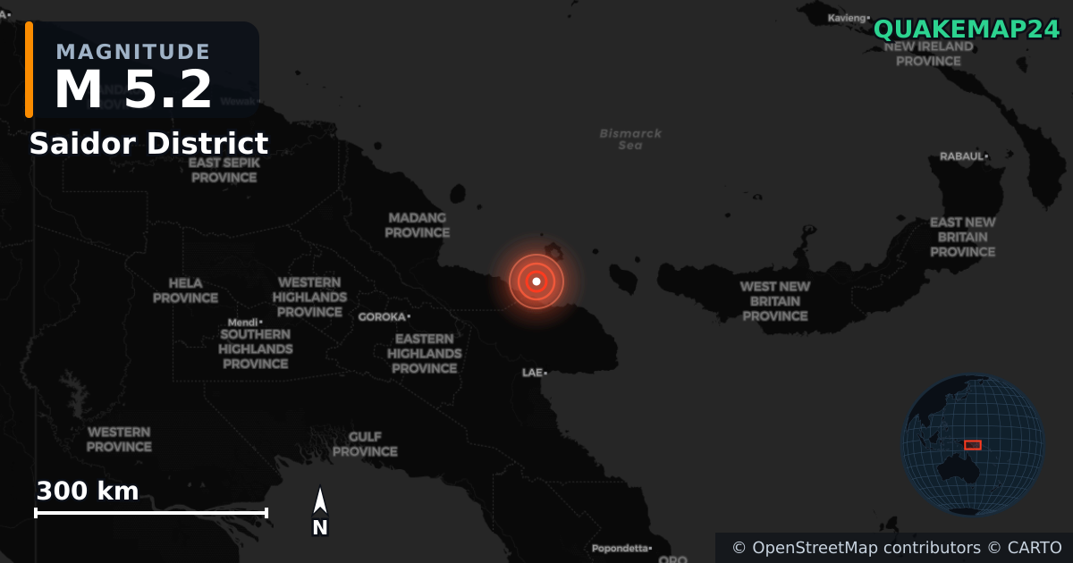 M5.2 earthquake near Saidor District on Jul 21, 2025 — map of epicenter and shaking intensity | QuakeMap24
