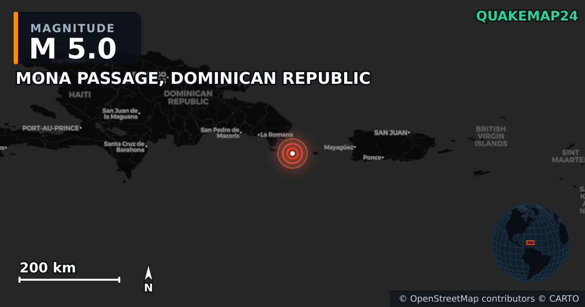 M5.0 earthquake near MONA PASSAGE, DOMINICAN REPUBLIC on Aug 5, 2025 — map of epicenter and shaking intensity | QuakeMap24