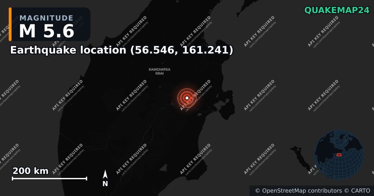 M5.6 earthquake near Lieu du séisme (56.546, 161.241) on Oct 11, 2025 — map of epicenter and shaking intensity | QuakeMap24