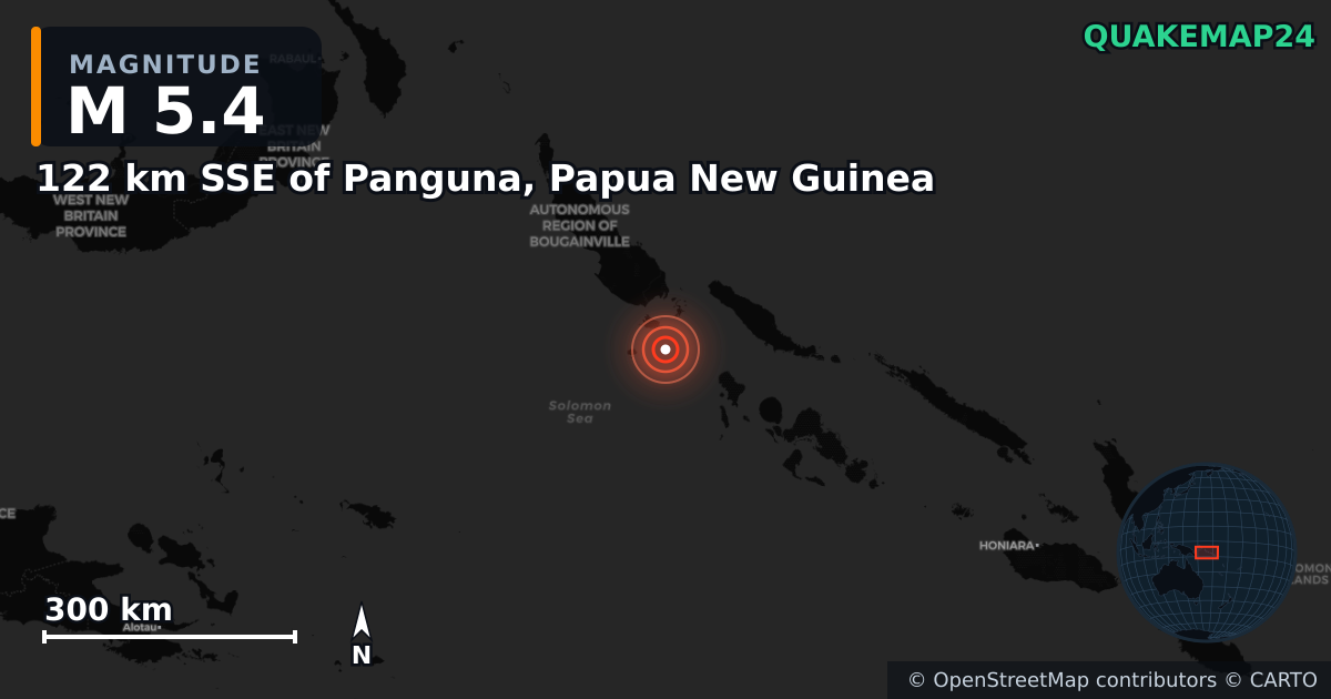M5.4 earthquake near 122 km SSE of Panguna, Papua New Guinea on Feb 23, 2025 — map of epicenter and shaking intensity | QuakeMap24
