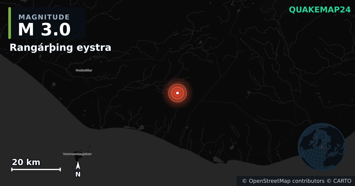 M3.0 earthquake near Rangárþing eystra on Jan 31, 2026 — map of epicenter and shaking intensity | QuakeMap24