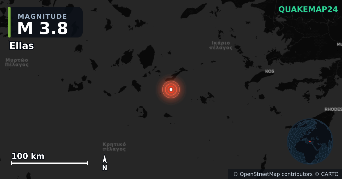 M3.8 earthquake near Ellas on May 29, 2026 — map of epicenter and shaking intensity | QuakeMap24
