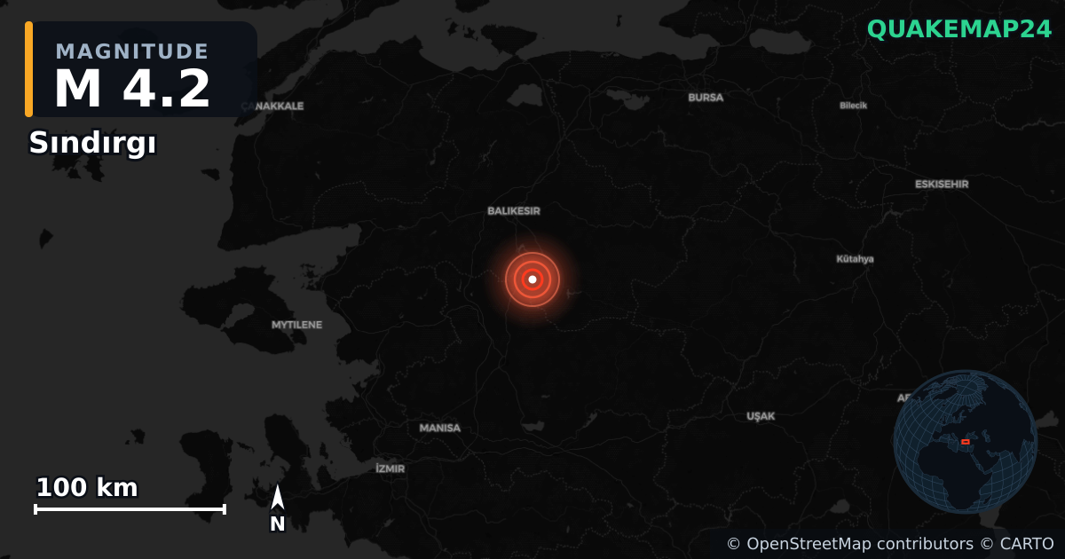 M4.2 earthquake near Sındırgı on Aug 11, 2025 — map of epicenter and shaking intensity | QuakeMap24