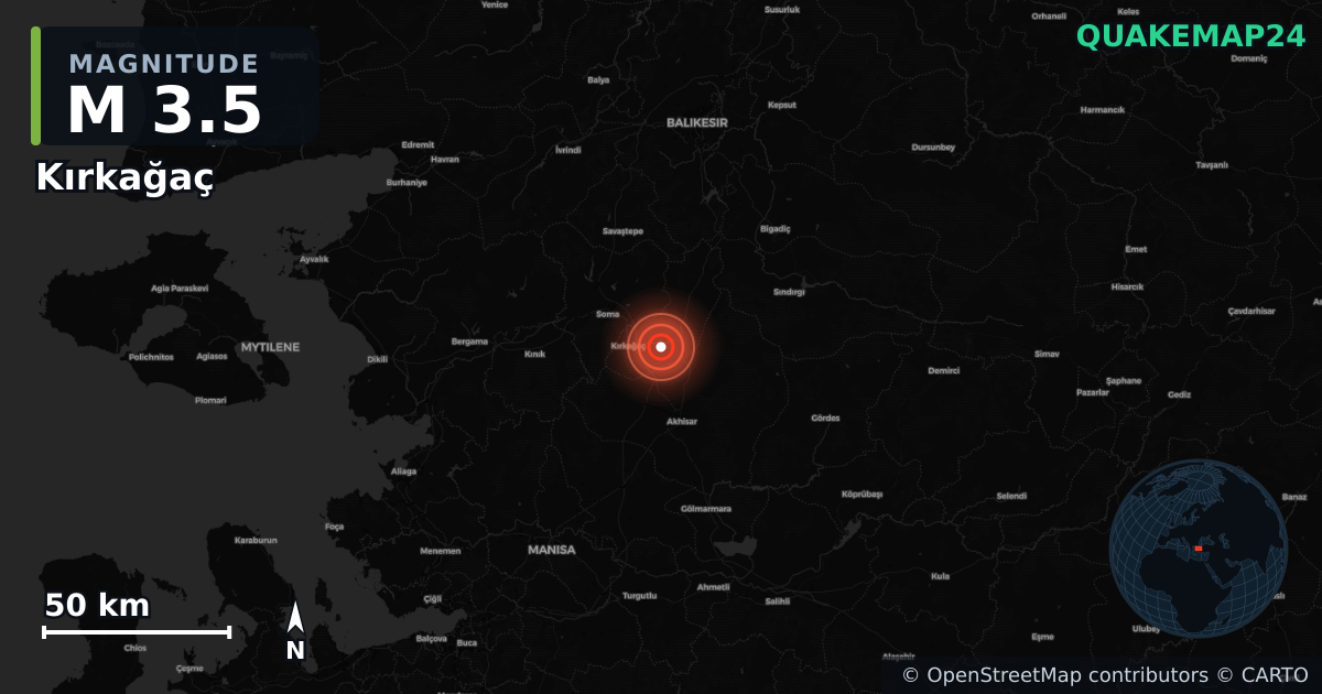 M3.5 earthquake near Kırkağaç on Jul 13, 2025 — map of epicenter and shaking intensity | QuakeMap24