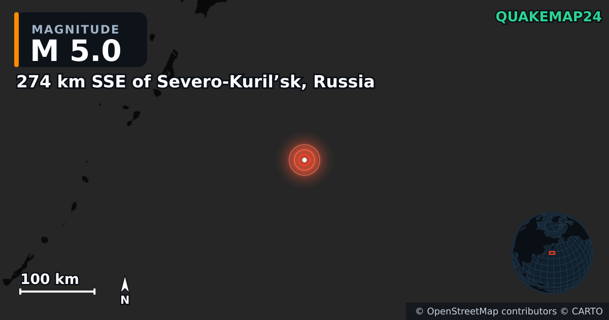 M5.0 earthquake near 274 km SSE of Severo-Kuril’sk, Russia on Dec 12, 2025 — map of epicenter and shaking intensity | QuakeMap24
