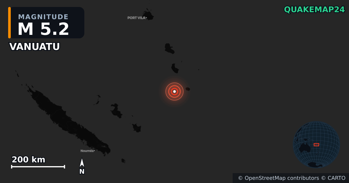 M5.2 earthquake near VANUATU on Dec 18, 2025 — map of epicenter and shaking intensity | QuakeMap24