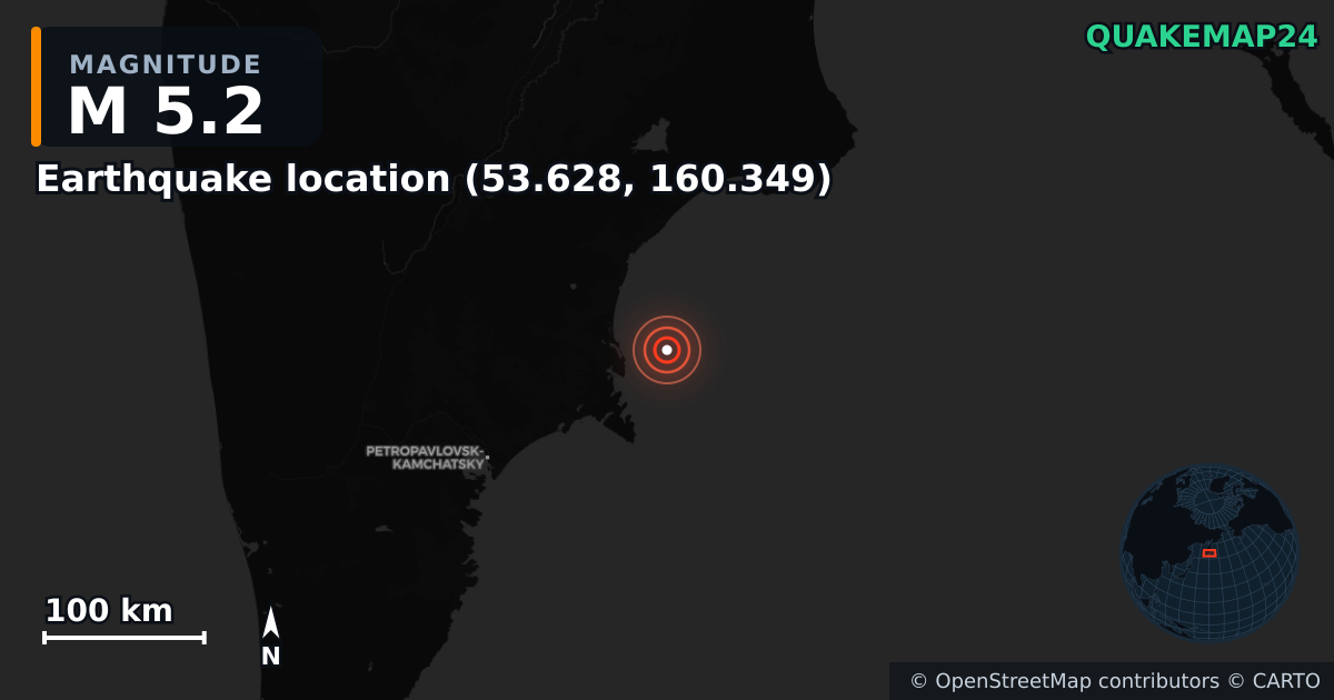 M5.2 earthquake near Local do sismo (53.628, 160.349) on Aug 1, 2025 — map of epicenter and shaking intensity | QuakeMap24