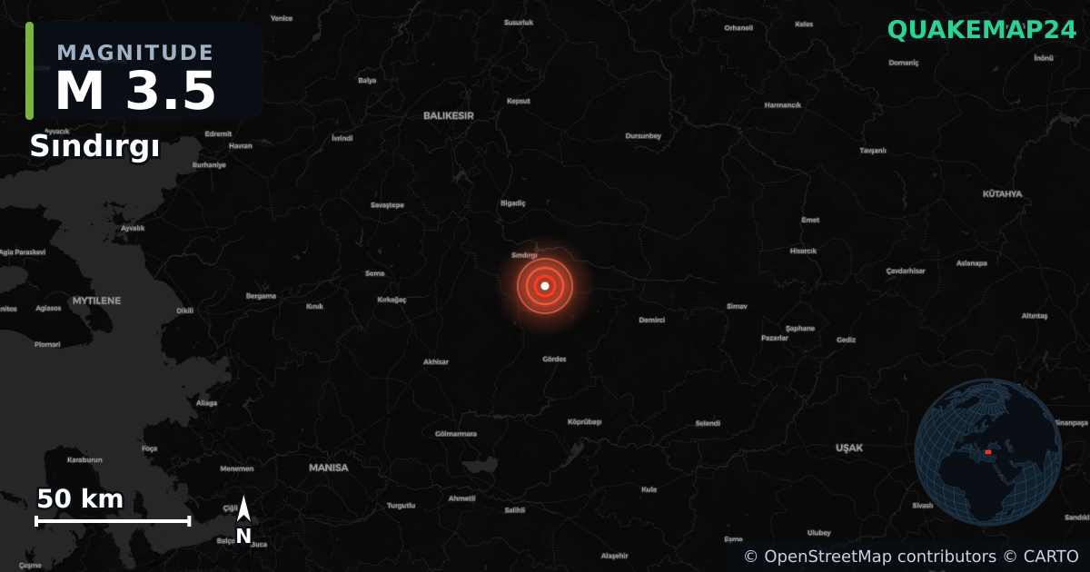 M3.5 earthquake near Sındırgı on Oct 27, 2025 — map of epicenter and shaking intensity | QuakeMap24