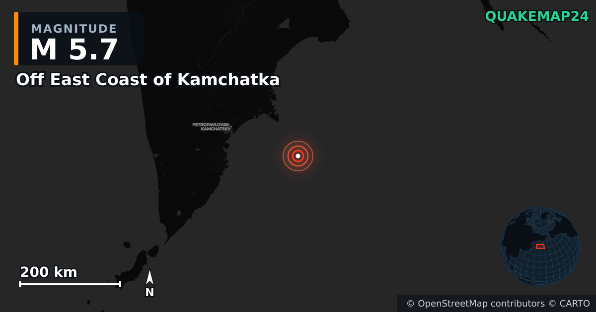 M5.7 earthquake near Off East Coast of Kamchatka on Aug 3, 2025 — map of epicenter and shaking intensity | QuakeMap24