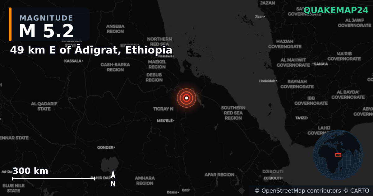 M5.2 earthquake near 49 km E of Ādīgrat, Ethiopia on Mar 2, 2025 — map of epicenter and shaking intensity | QuakeMap24