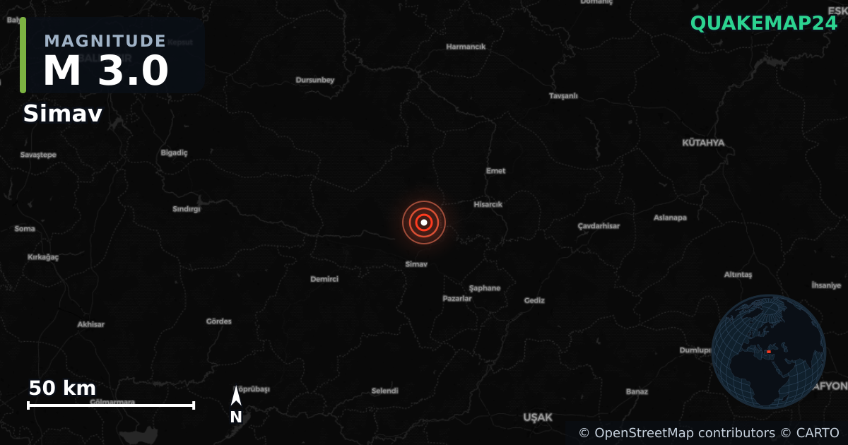 M3.0 earthquake near Simav on Jun 9, 2025 — map of epicenter and shaking intensity | QuakeMap24