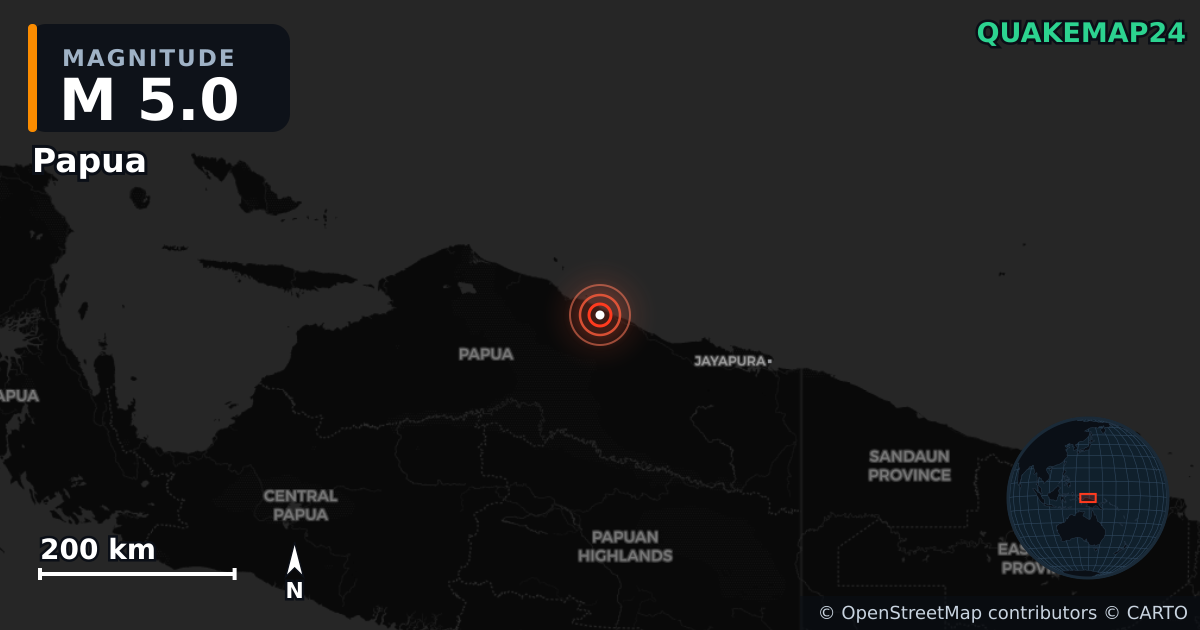 M5.0 earthquake near Papua on Aug 12, 2025 — map of epicenter and shaking intensity | QuakeMap24