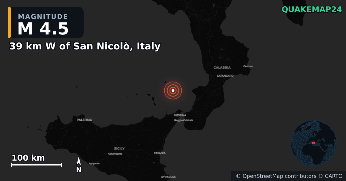 M4.5 earthquake near 39 km W of San Nicolò, Italy on Feb 26, 2025 — map of epicenter and shaking intensity | QuakeMap24