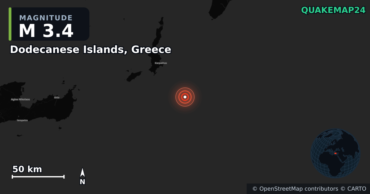 M3.4 earthquake near Dodecanese Islands, Greece on May 6, 2026 — map of epicenter and shaking intensity | QuakeMap24