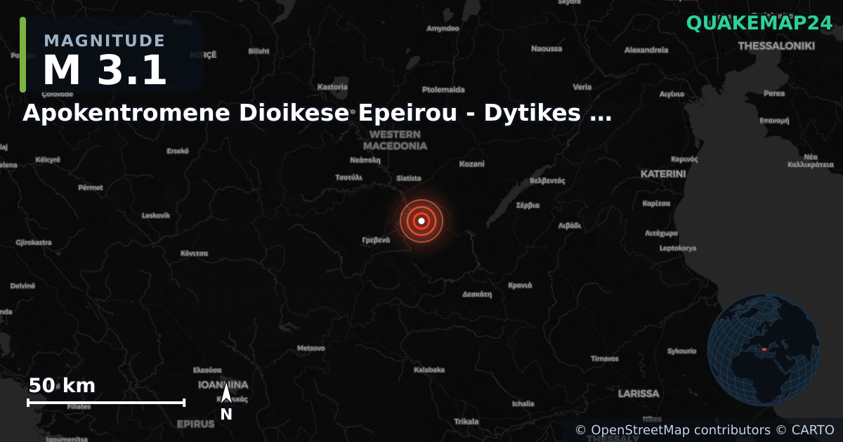 M3.1 earthquake near Apokentromene Dioikese Epeirou - Dytikes Makedonias on Jul 23, 2025 — map of epicenter and shaking intensity | QuakeMap24