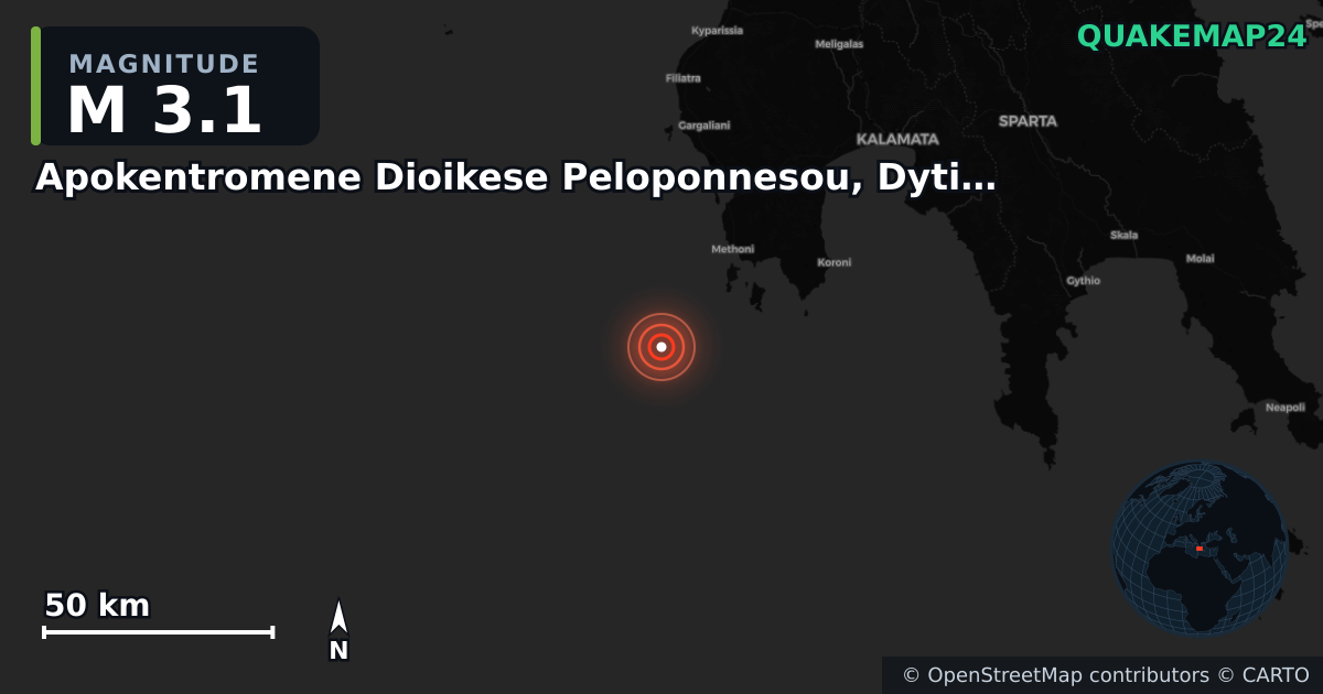M3.1 earthquake near Apokentromene Dioikese Peloponnesou, Dytikes Elladas kai Ioniou on Oct 13, 2025 — map of epicenter and shaking intensity | QuakeMap24