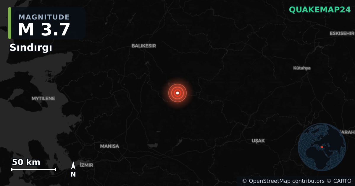 M3.7 earthquake near Sındırgı on Jan 29, 2026 — map of epicenter and shaking intensity | QuakeMap24