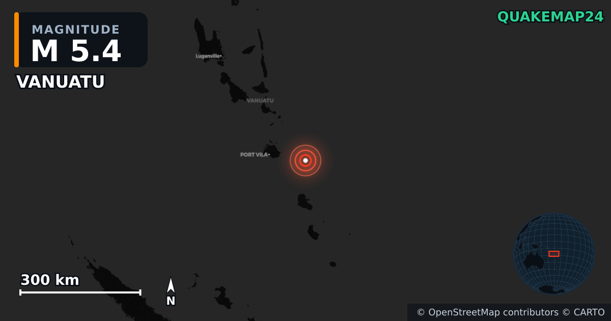 M5.4 earthquake near VANUATU on May 16, 2026 — map of epicenter and shaking intensity | QuakeMap24