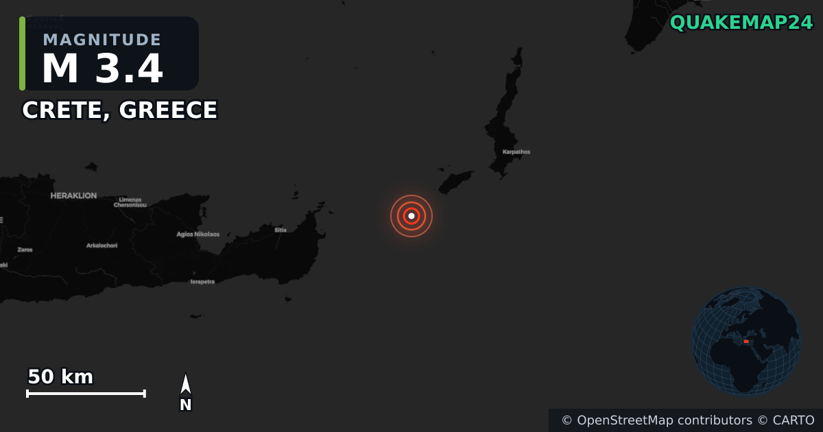 M3.4 earthquake near CRETE, GREECE on Jun 27, 2025 — map of epicenter and shaking intensity | QuakeMap24