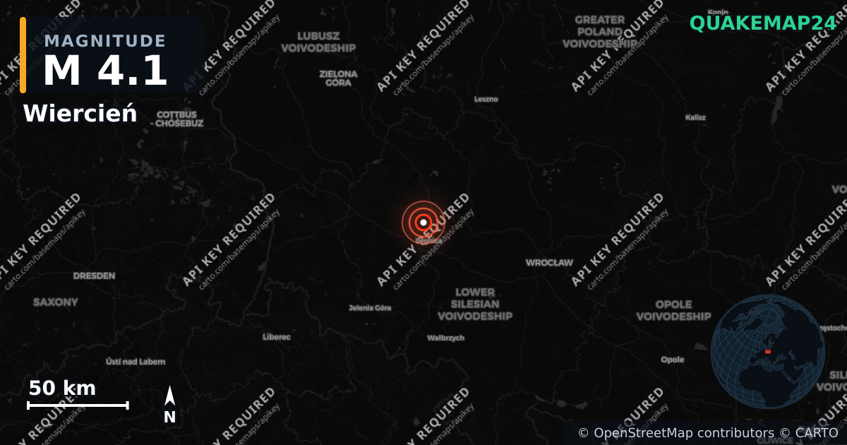 M4.1 earthquake near Wiercień on May 3, 2026 — map of epicenter and shaking intensity | QuakeMap24