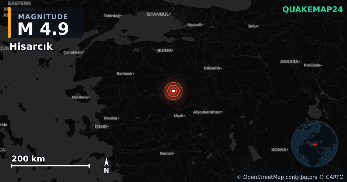 M4.9 earthquake near Hisarcık on Oct 8, 2025 — map of epicenter and shaking intensity | QuakeMap24