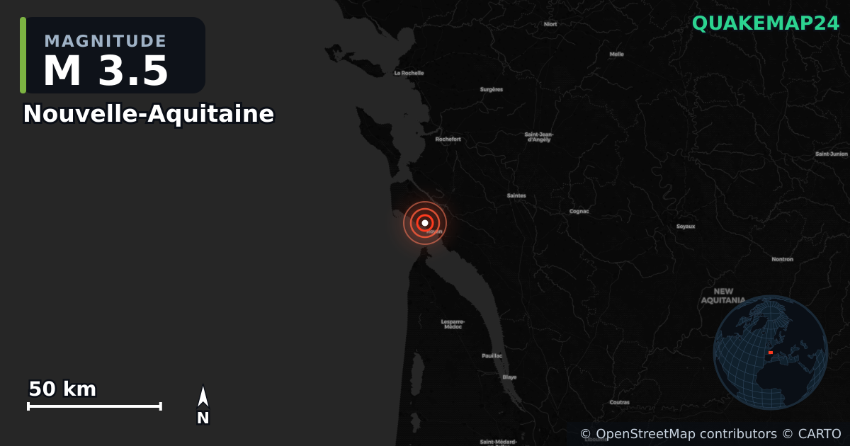 M3.5 earthquake near Nouvelle-Aquitaine on Sep 18, 2025 — map of epicenter and shaking intensity | QuakeMap24