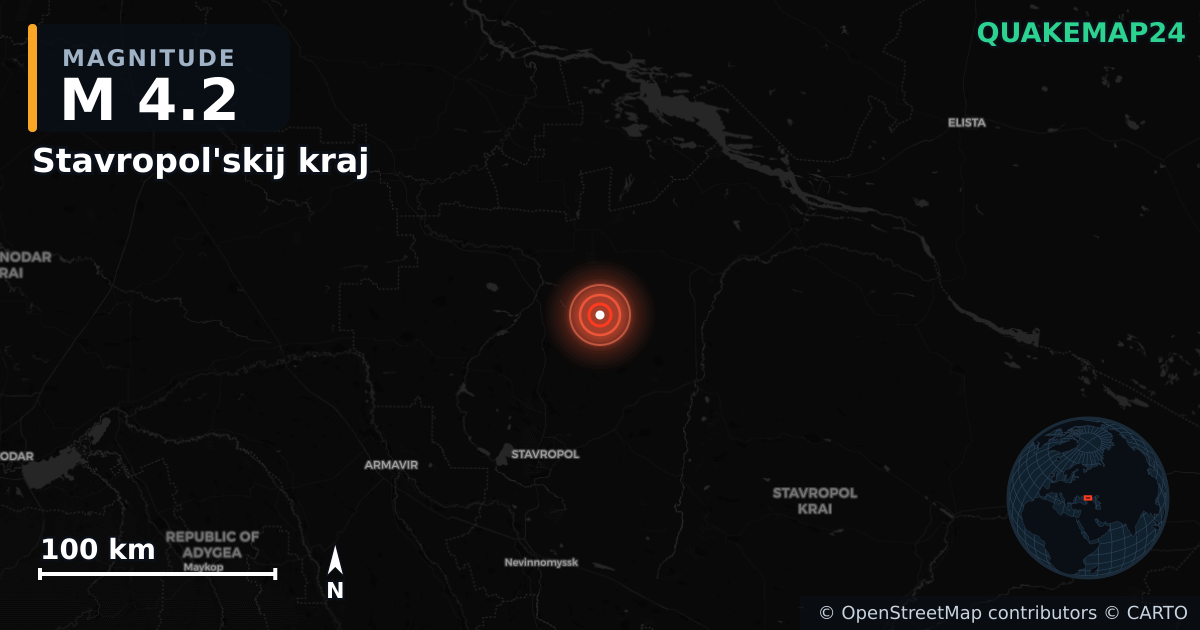 M4.2 earthquake near Stavropol'skij kraj on Jun 29, 2025 — map of epicenter and shaking intensity | QuakeMap24