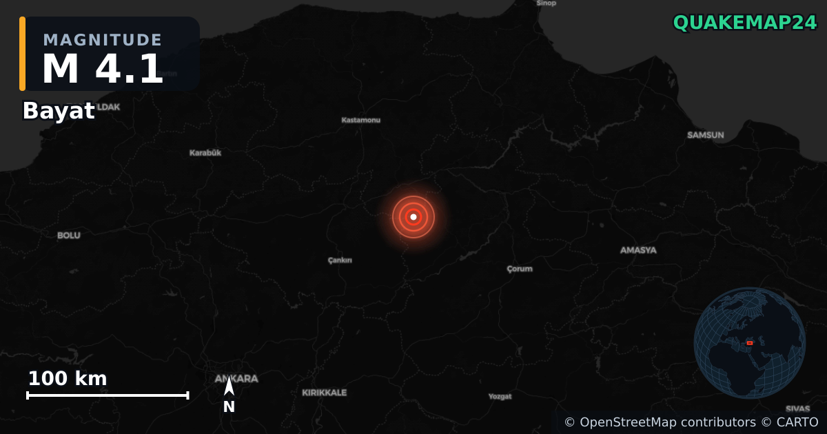 M4.1 earthquake near Bayat on Apr 8, 2026 — map of epicenter and shaking intensity | QuakeMap24
