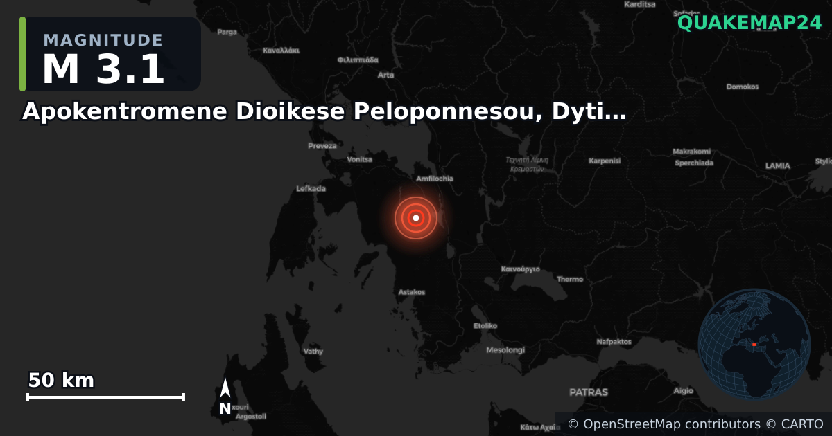 M3.1 earthquake near Apokentromene Dioikese Peloponnesou, Dytikes Elladas kai Ioniou on Sep 10, 2025 — map of epicenter and shaking intensity | QuakeMap24