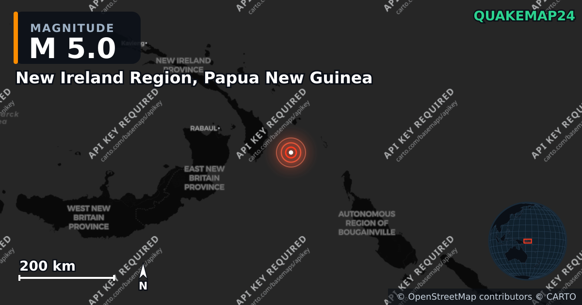 M5.0 earthquake near New Ireland Region, Papua New Guinea on Apr 28, 2026 — map of epicenter and shaking intensity | QuakeMap24
