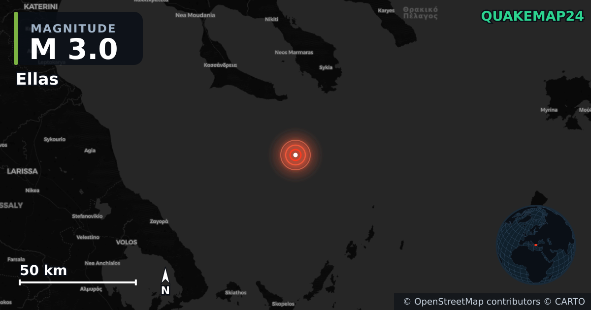 M3.0 earthquake near Ellas on May 22, 2026 — map of epicenter and shaking intensity | QuakeMap24