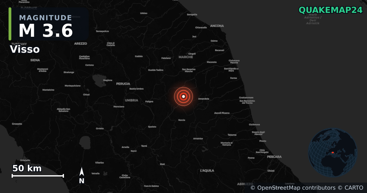 M3.6 Earthquake near Visso, Marche (Italy) · 2026-05-23 — Map showing the location of the epicenter