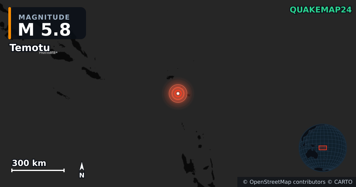 M5.8 earthquake near Temotu on Feb 16, 2026 — map of epicenter and shaking intensity | QuakeMap24