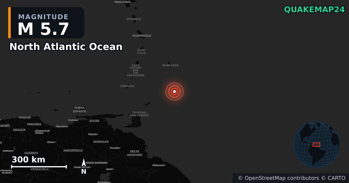Erdbeben M5,7 bei North Atlantic Ocean — Karte der Lage des Epizentrums