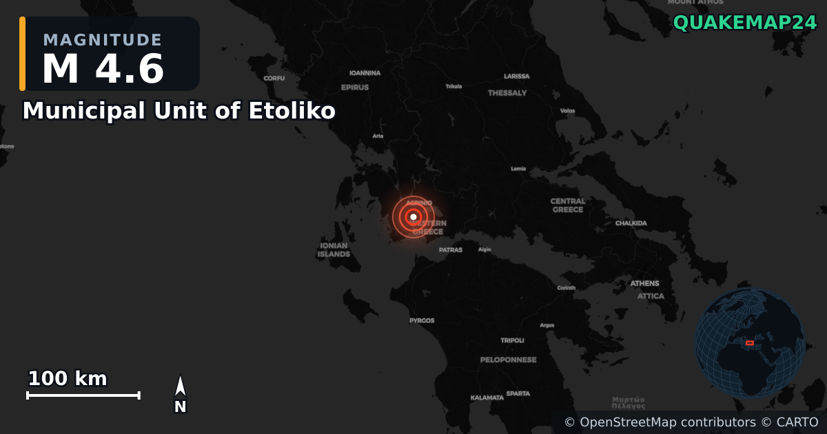 Erdbeben M4,6 bei Municipal Unit of Etoliko, Western Greece (Griechenland) · 2026-09-08 — Karte der Lage des Epizentrums