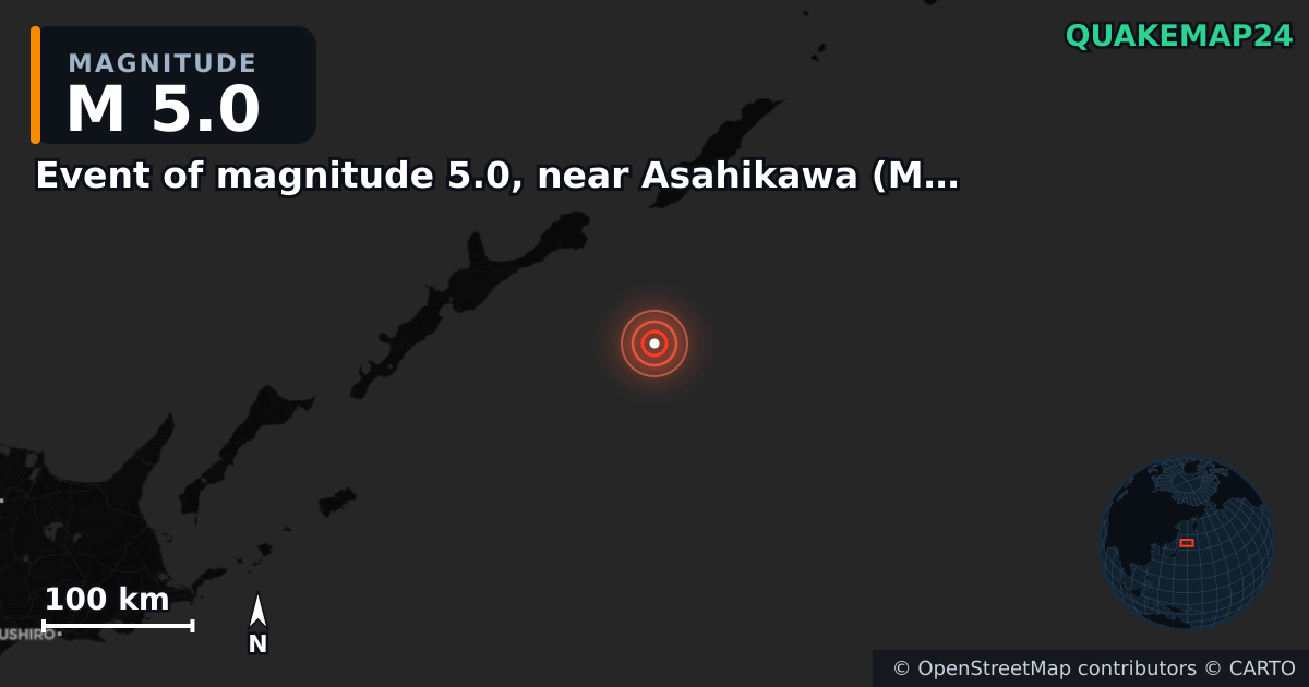 Σεισμός M5,0 κοντά στο Event of magnitude 5.0, near Asahikawa (Monde) — Χάρτης της θέσης του επικέντρου