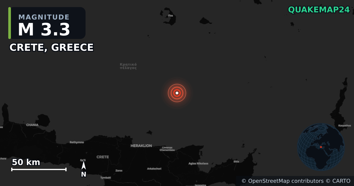 M3.3 earthquake near CRETE, GREECE on Jul 2, 2025 — map of epicenter and shaking intensity | QuakeMap24