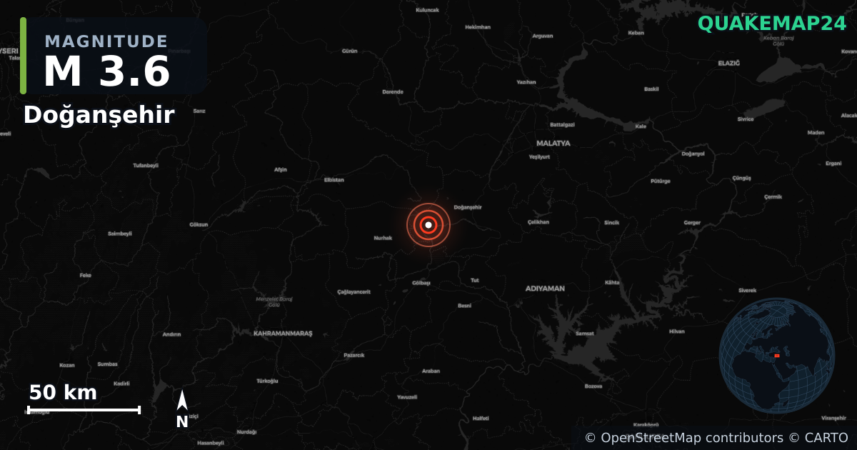M3.6 earthquake near Doğanşehir on Jun 21, 2025 — map of epicenter and shaking intensity | QuakeMap24