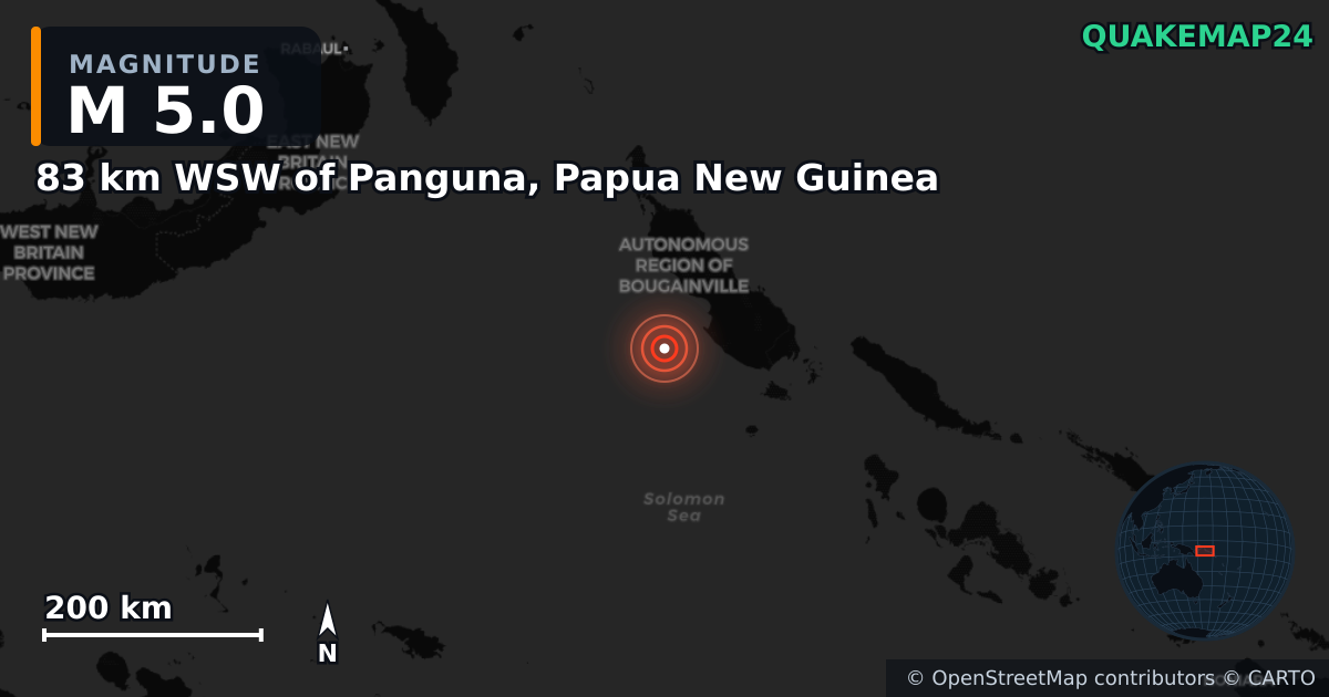 M5.0 earthquake near 83 km WSW of Panguna, Papua New Guinea on Oct 28, 2025 — map of epicenter and shaking intensity | QuakeMap24