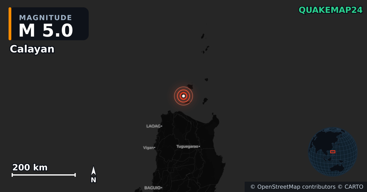 M5.0 earthquake near Calayan on May 13, 2026 — map of epicenter and shaking intensity | QuakeMap24