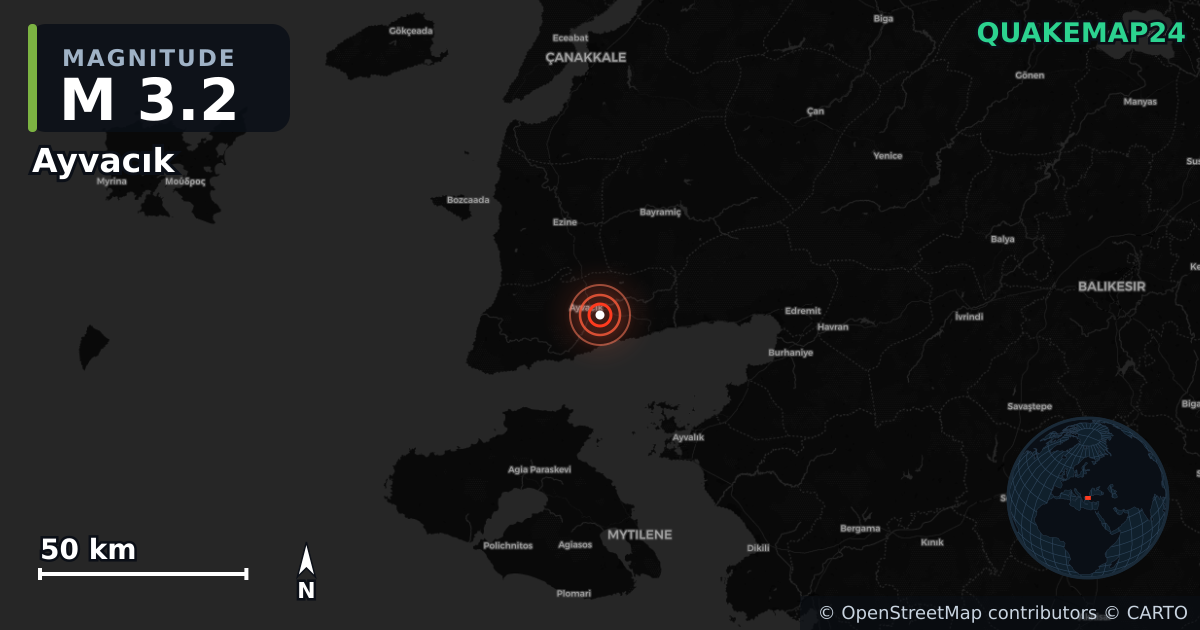 M3.2 earthquake near Ayvacık on Nov 21, 2025 — map of epicenter and shaking intensity | QuakeMap24