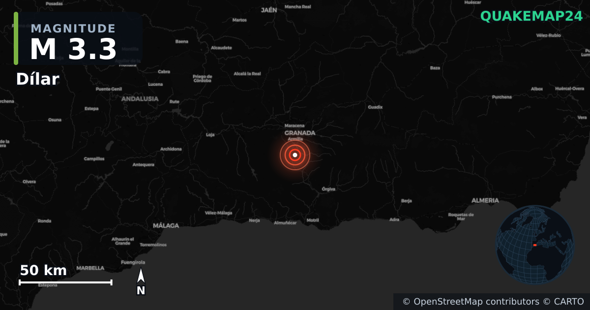 M3.3 earthquake near Dílar on Aug 20, 2026 — map of epicenter and shaking intensity | QuakeMap24