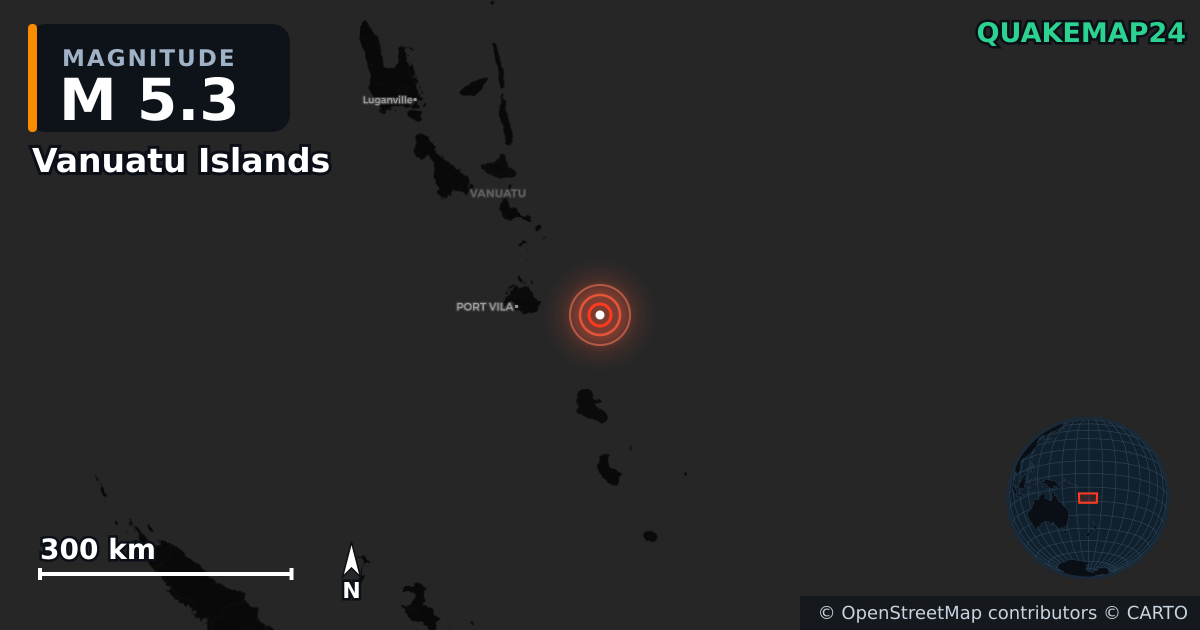 M5.3 earthquake near Vanuatu Islands on May 16, 2026 — map of epicenter and shaking intensity | QuakeMap24