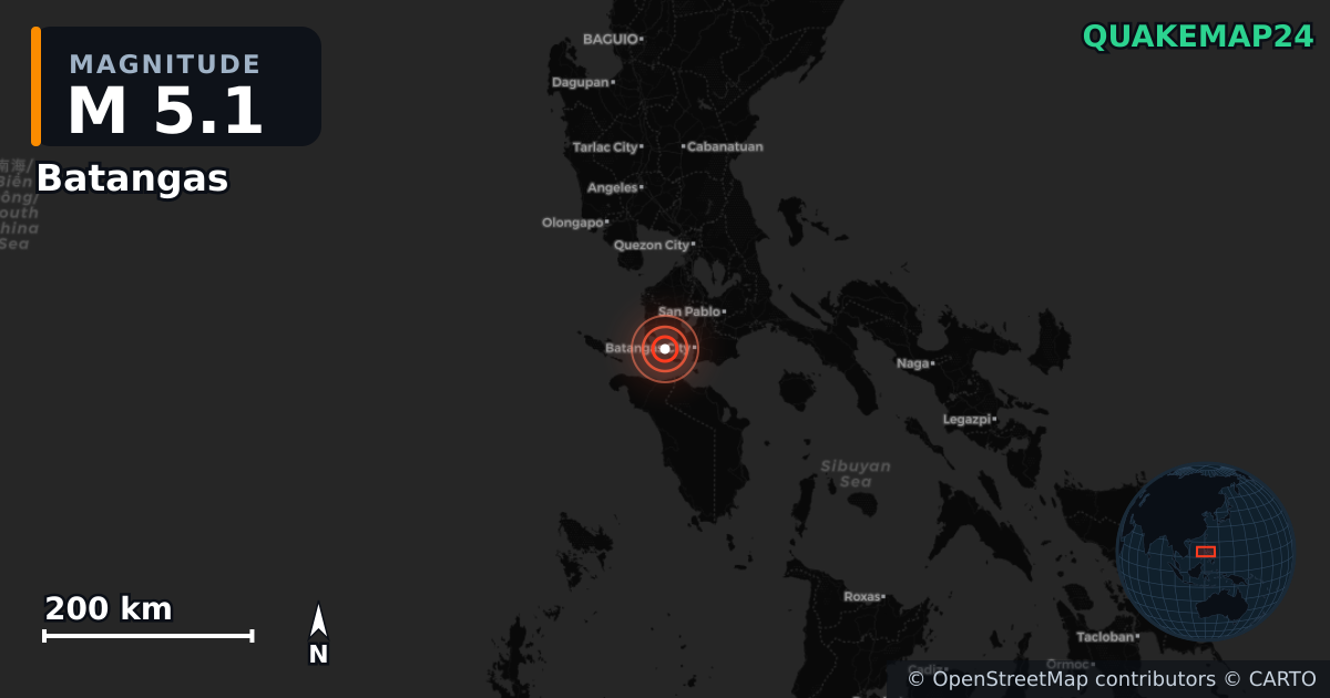 M5.1 earthquake near Batangas on Aug 16, 2025 — map of epicenter and shaking intensity | QuakeMap24